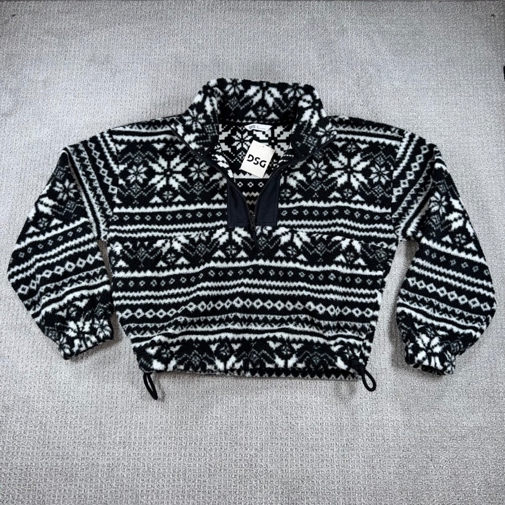 DSG Women's Fair Isle Quarter Zip Fleece Pullover Black White Geometric Small